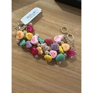 Betsey Johnson Conversation Heart Charm Bracelet Gold Tone Pink Blue Yellow